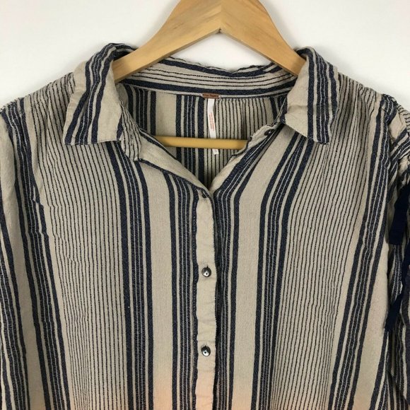 Free People Women's Boxy Button Up Blouse Size L Crop Striped Cap Sleeve Flowy - Picture 4 of 9